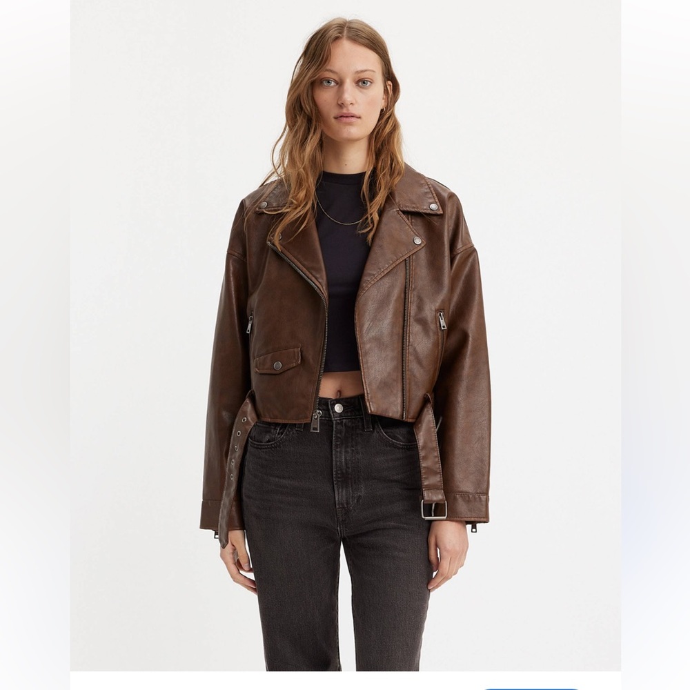 Cropped Brown Leather Moto Jacket with Belted Hem
